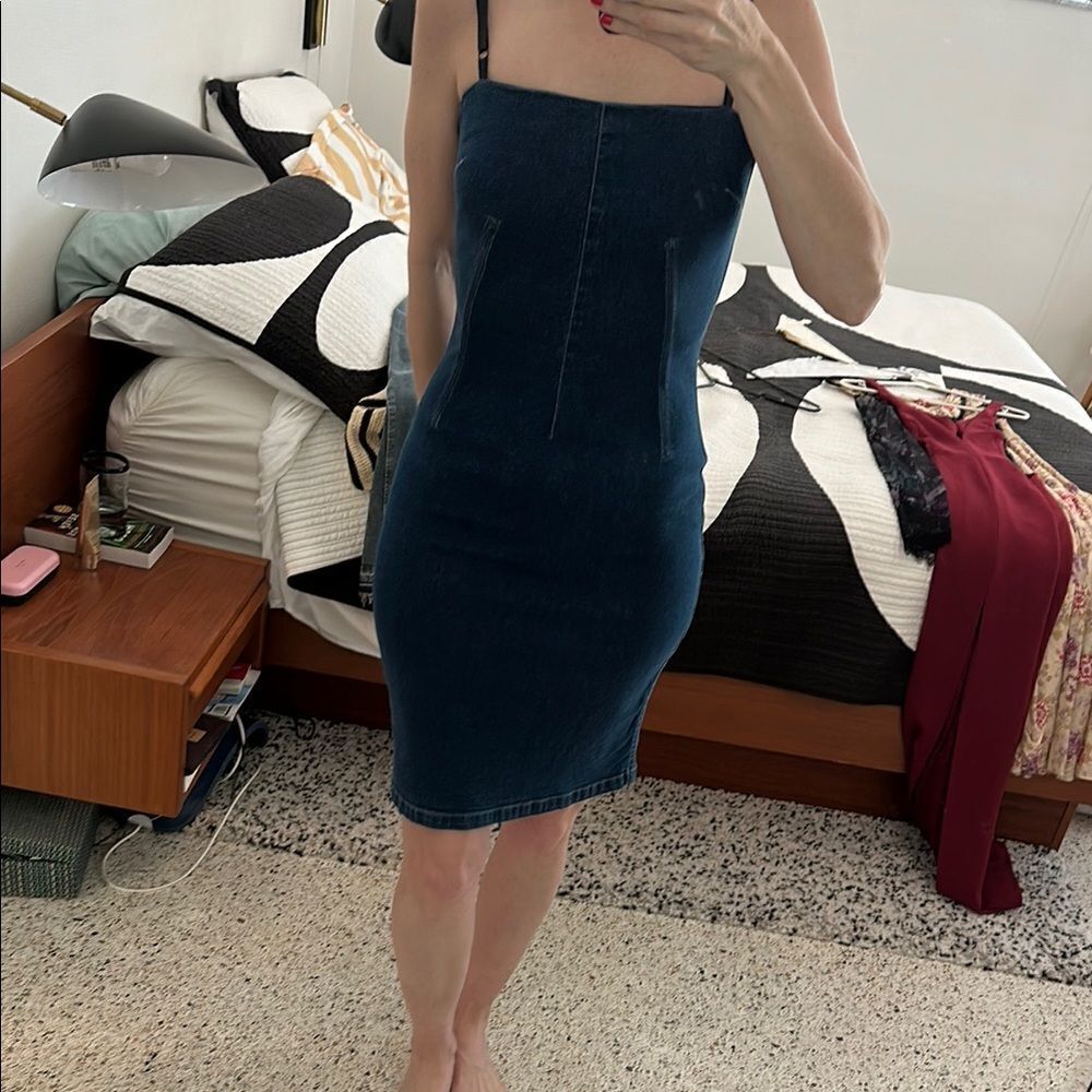 Moda International denim blue jean stretch sexy corset style mini dress 6 Y2K